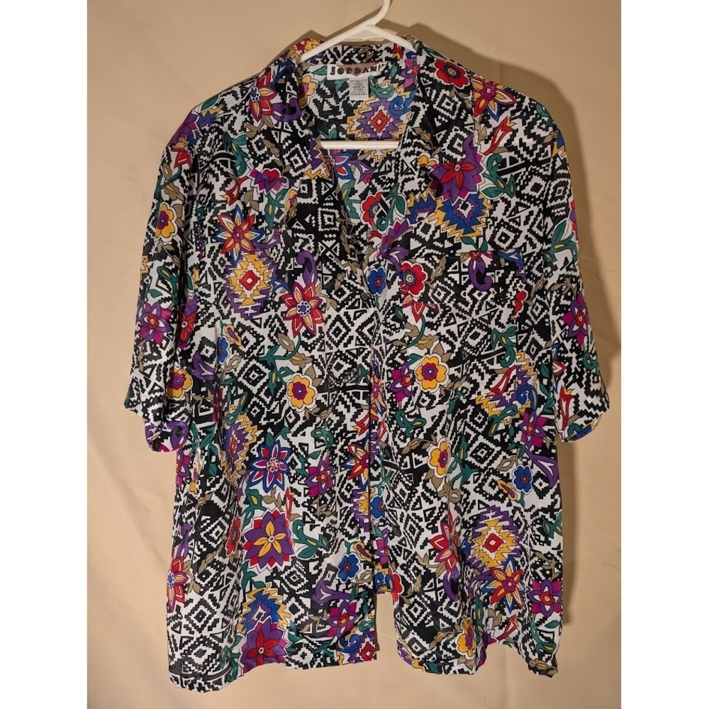 Jordani Women's Blouse 16W Black White Geometric Floral Print Short Sleeve - Picture 1 of 3